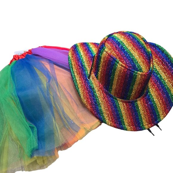 Rainbow sparkle glitter Cowboy Hat & Tutu Set pride LGBTQIA+ rainbow halloween - Picture 7 of 9